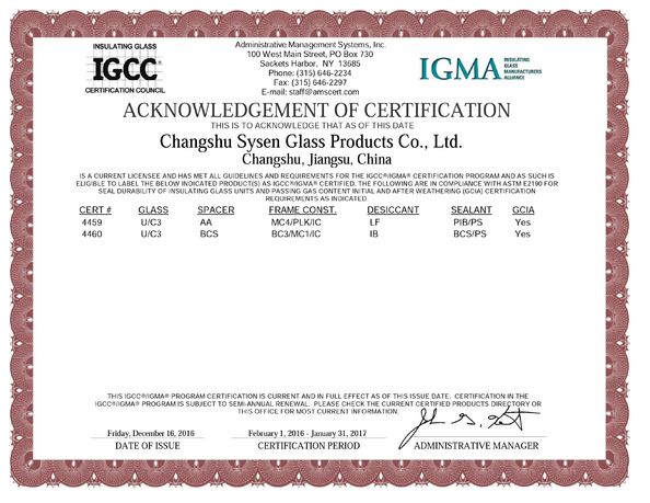 China Changshu Sysen glass products Co. Ltd. certification